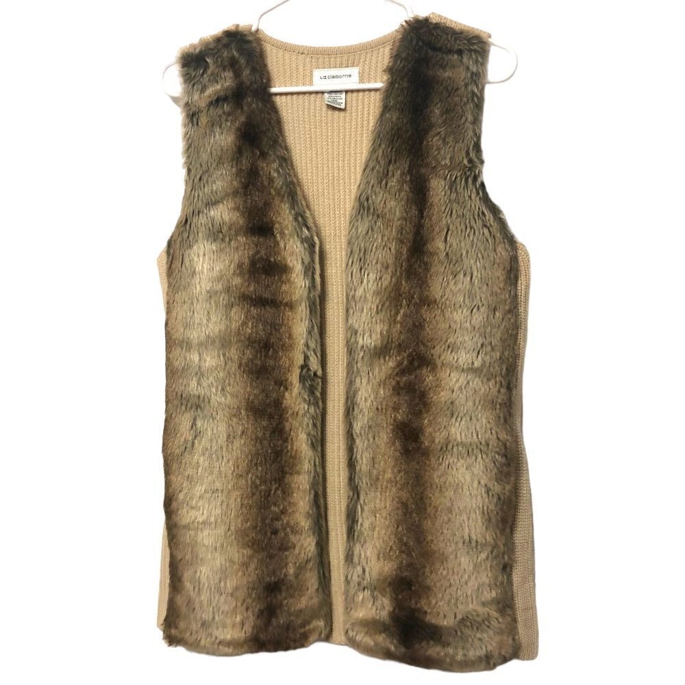 Liz Claiborne Faux Fur Trimmed Sweater Vest Size Medium Vintage 70s Style EUC